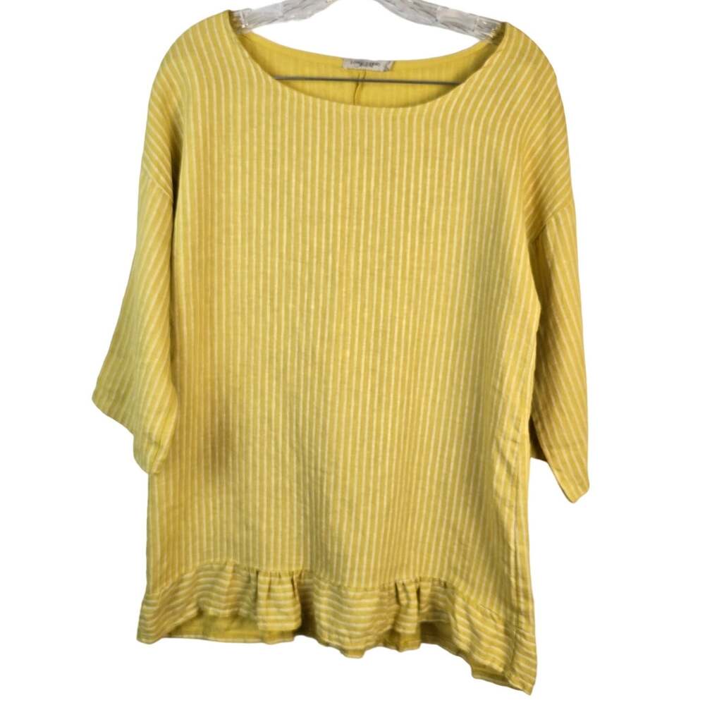 Lungo L'Arno Blouse Women's M Yellow Stripe Linen Ruffle Hem Coastal Summer